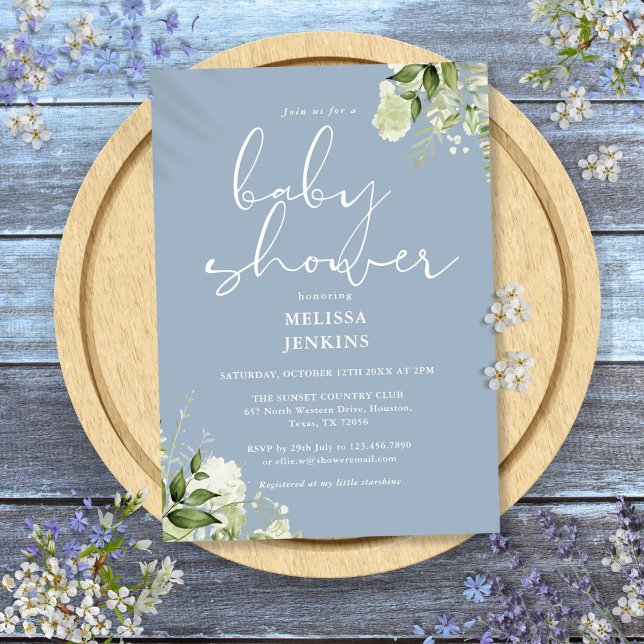Greenery Floral Dusty Blue Boy Baby Shower Einladung (Greenery Floral Dusty Blue Boy Baby Shower Invitation)