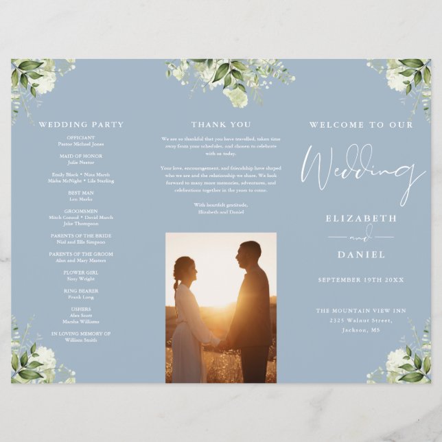 Greenery Floral Dusty Blue Trifold Wedding Program Flyer (Vorne)