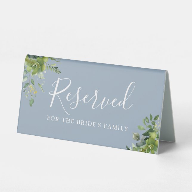 Greenery Floral Dusty Blue Wedding vorbehalten Tischaufsteller (Vorderseite)