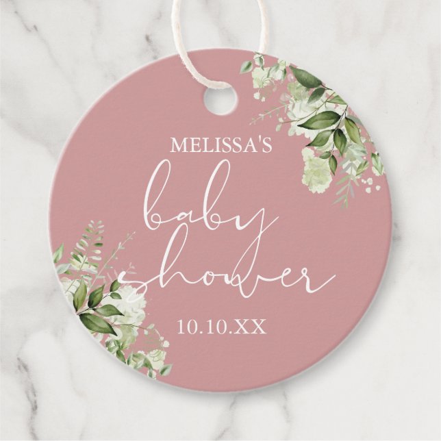 Greenery Floral Dusty Rose Girl Baby Shower Geschenkanhänger (Vorderseite)