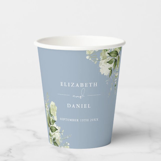 Greenery Floral Elegant Dusty Blue Wedding Pappbecher (Vorderseite)