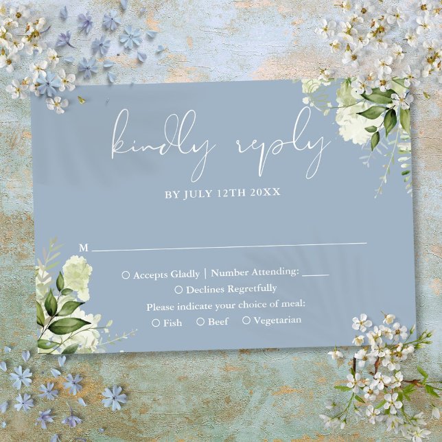 Greenery Floral Elegant Dusty Blue Wedding RSVP Karte (Greenery Floral Elegant Dusty Blue Wedding RSVP Card)