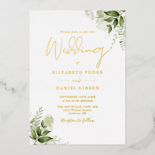 Greenery Floral Elegant Monogram Wedding Gold Folieneinladung