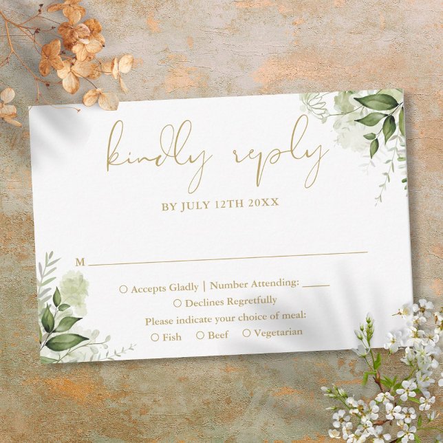 Greenery Floral Elegant RSVP Karte (Greenery Floral Elegant Gold Wedding RSVP Card)