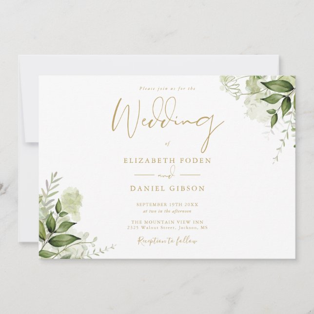 Greenery Floral Foto Elegant Gold Script Wedding Einladung (Vorderseite)