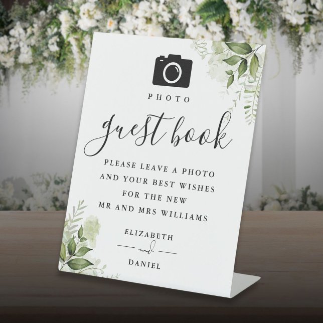 Greenery Floral Foto Guest Book Wedding Sockelschild (Greenery Floral Photo Guest Book Wedding Pedestal Sign)