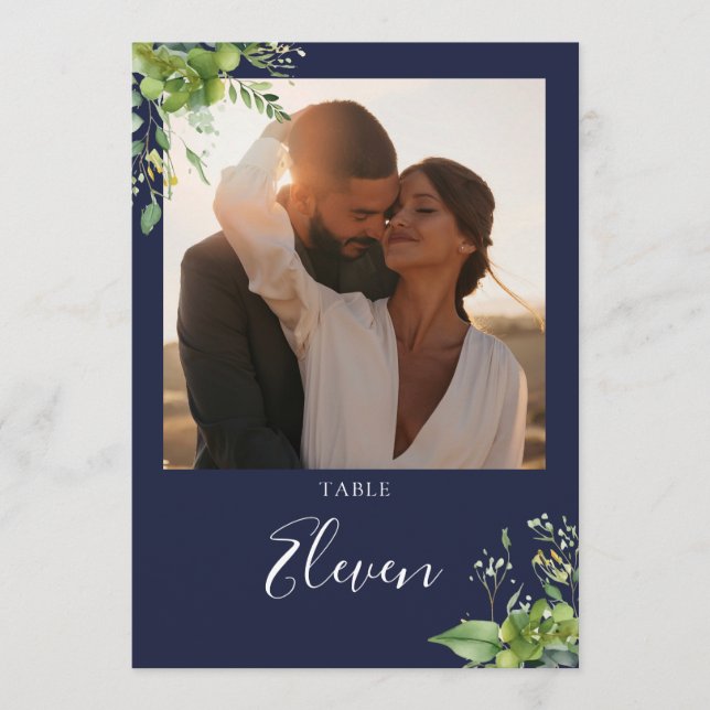 Greenery Floral Foto Navy Blue Tischnummer (Vorderseite)