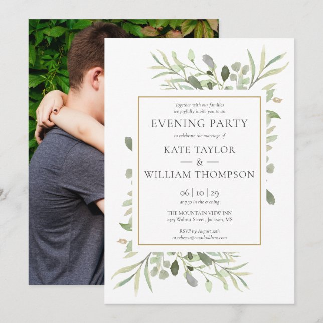 Greenery Floral Foto Wedding Abend Party Einladung (Vorne/Hinten)