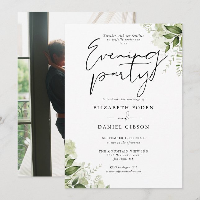 Greenery Floral Foto Wedding Abend Party Einladung (Vorne/Hinten)
