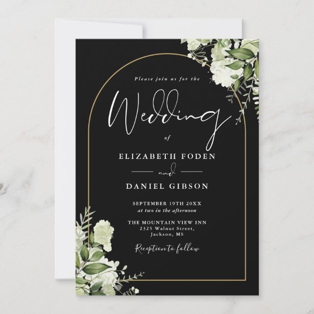 Greenery Floral Gold Arch QR Code Wedding Einladung (Vorderseite)