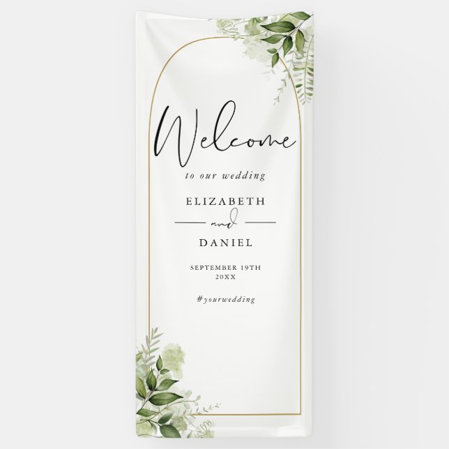 Greenery Floral Gold Arch Wedding Welcome Banner (Vertikal)