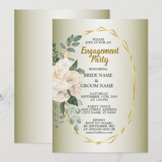 Greenery Floral Gold Geometric Engagement Party Einladung (Vorne/Hinten)