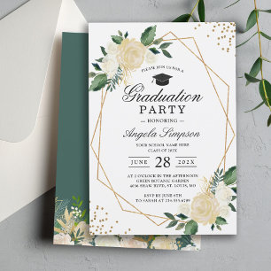 Greenery Floral Gold Geometric Graduation Party Einladung