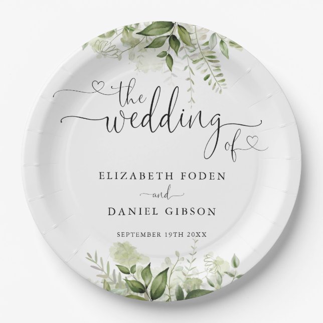 Greenery Floral Heart Script Wedding Pappteller (Vorderseite)