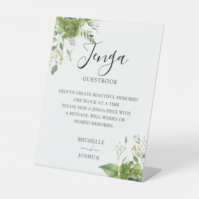 Greenery Floral Jenga Wedding Guestbook Sockelschild (Vorderseite)