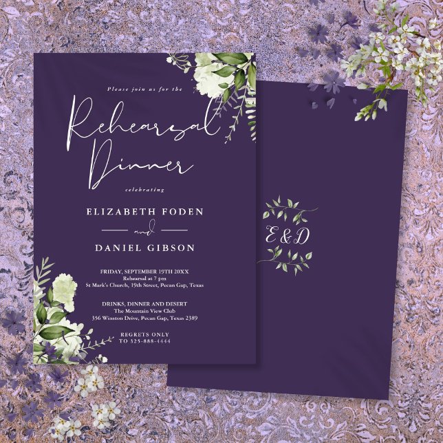 Greenery Floral Lila Probe Abendessen Einladung (Greenery Floral Purple Rehearsal Dinner Invitation)