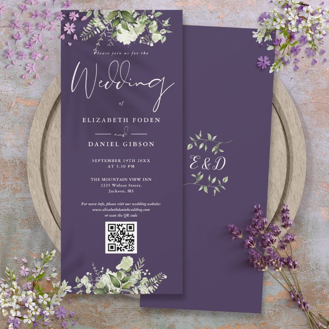Greenery Floral Lila QR Code Wedding Einladung (Greenery Floral Purple QR Code Wedding Invitation)