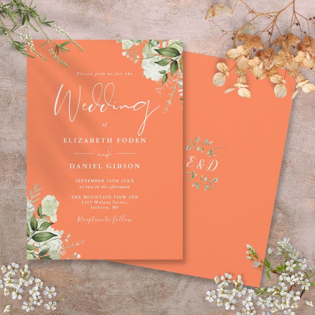 Greenery Floral Monogram Coral Wedding Einladung (Greenery Floral Monogram Coral Wedding Invitation)