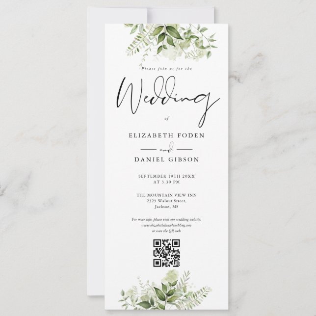 Greenery Floral Monogram QR Code Wedding Einladung (Vorderseite)