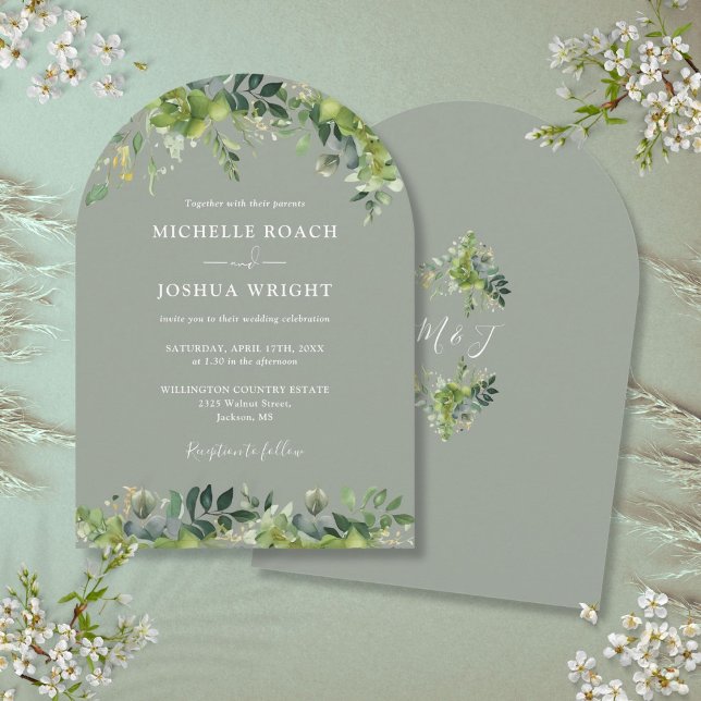 Greenery Floral Monogram Sage Green Wedding Einladung (Greenery Floral Monogram Sage Green Wedding Invitation)