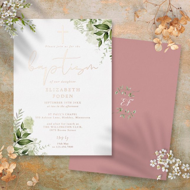 Greenery Floral Monogram Taufe Rose Gold Folieneinladung (Greenery Floral Monogram Baptism Rose Gold Foil Invitation)