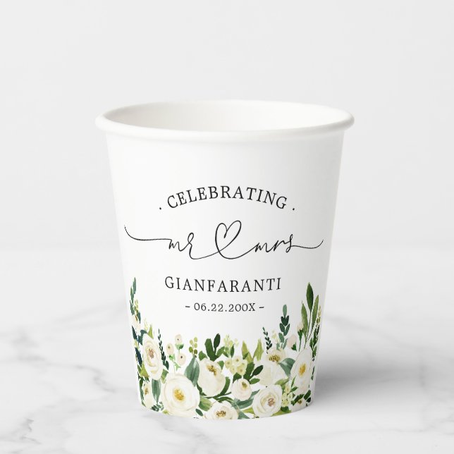 Greenery Floral Mr. und Mrs. Heart Script Wedding Pappbecher (Vorderseite)