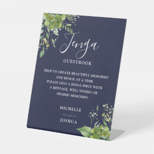 Greenery Floral Navy Blue Jenga Wedding Gästebuch Sockelschild