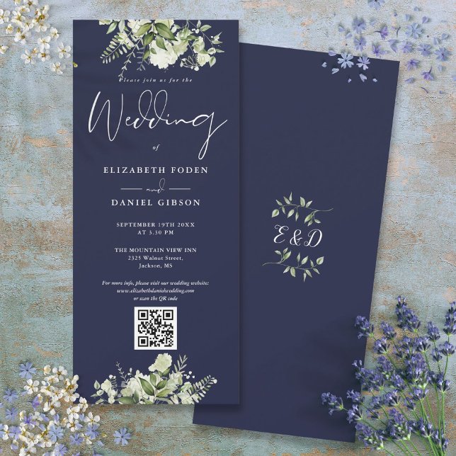 Greenery Floral Navy Blue QR Code Hochzeit Einladung (Greenery Floral Navy Blue QR Code Wedding Invitation)