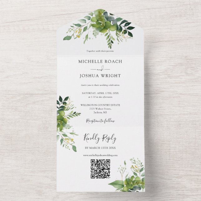 Greenery Floral QR Code Elegant Monogram Wedding All In One Einladung (Innen Boden)