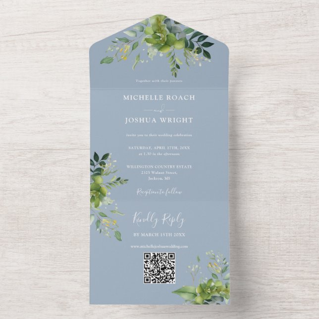 Greenery Floral QR Code Moderne dufte Blue Wedding All In One Einladung (Innen Boden)