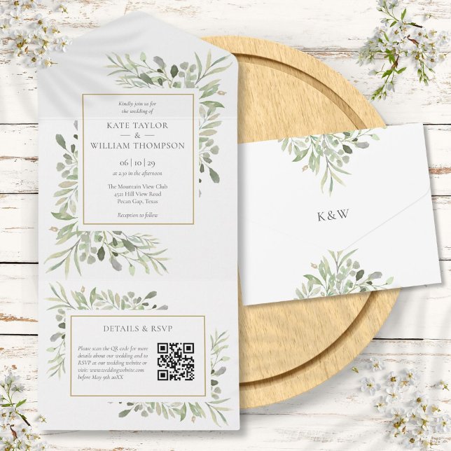 Greenery Floral QR Code Monogram Wedding All In One Einladung (Greenery Floral QR Code Monogram Wedding All In One Invitation)