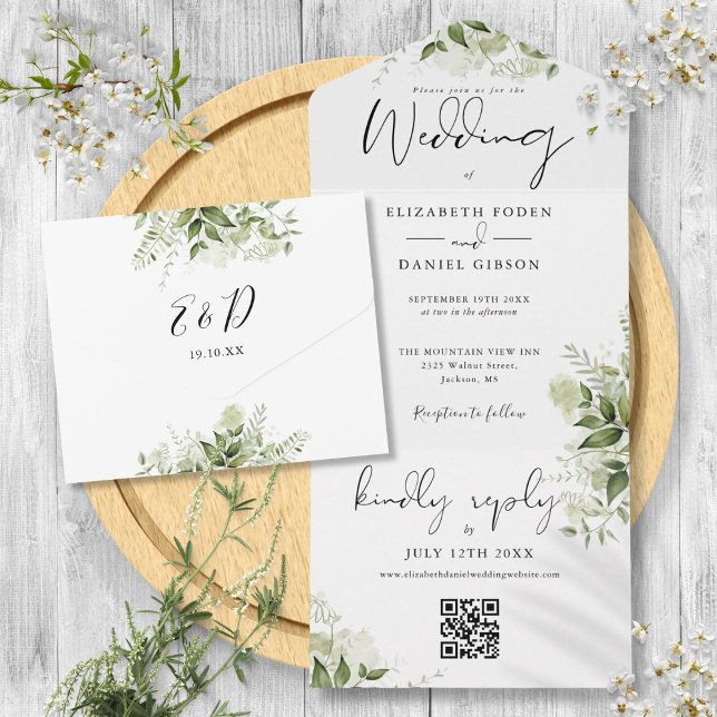 Greenery Floral QR Code Monogram Wedding All In One Einladung (Greenery Floral QR Code Monogram Wedding All In One Invitation)