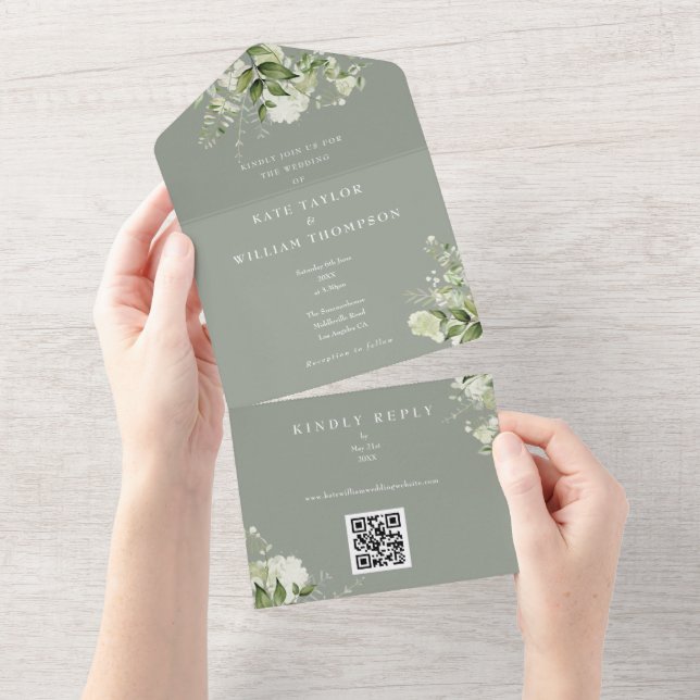 Greenery Floral QR Code Sage Green Wedding All In One Einladung (Abreißen)