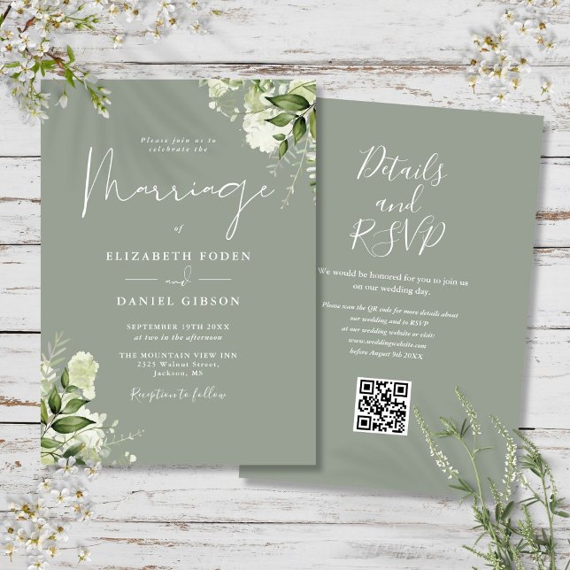 Greenery Floral QR Code Sage Green Wedding Einladung (Greenery Floral QR Code Sage Green Wedding Invitation)