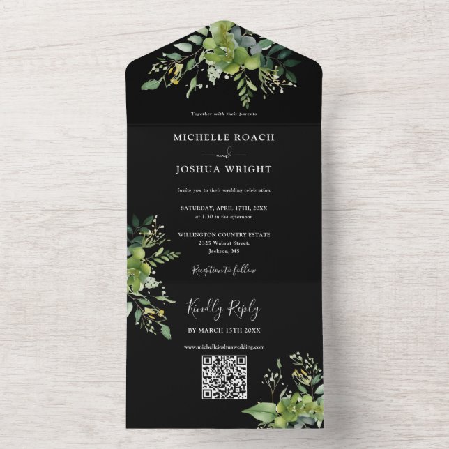 Greenery Floral QR Code Schwarz-Weiß Hochzeit All In One Einladung (Innen Boden)