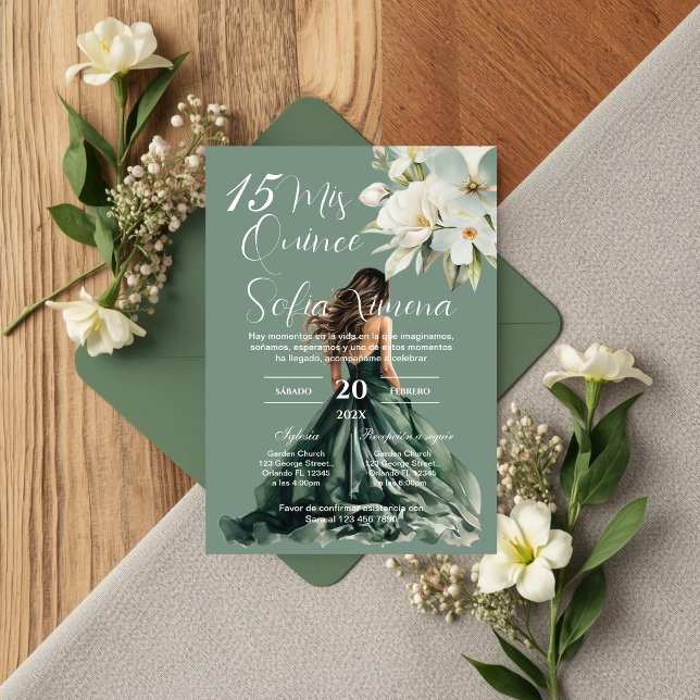 Greenery Floral Quinceañera Spanish Invitation Einladung (Von Creator hochgeladen)