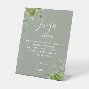 Greenery Floral Sage Green Jenga Wedding Gästebuch Sockelschild