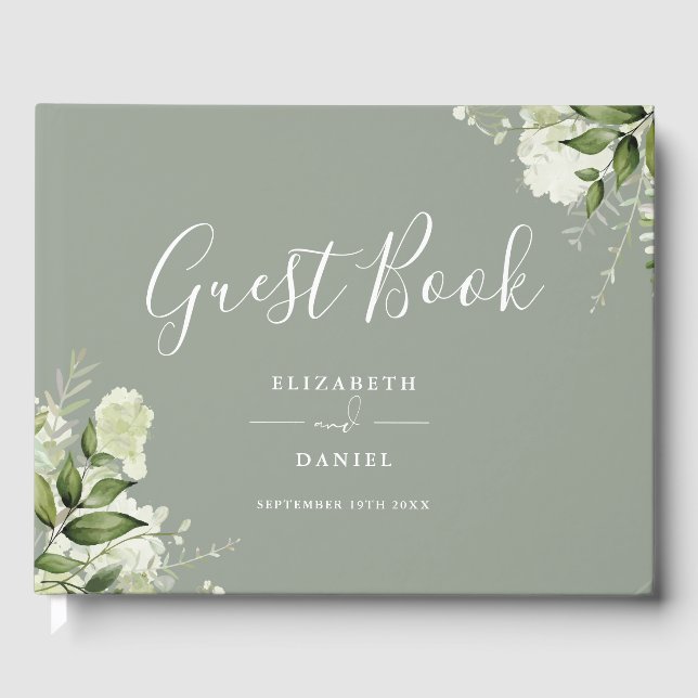 Greenery Floral Sage Green Photo Wedding Gästebuch (Vorderseite)
