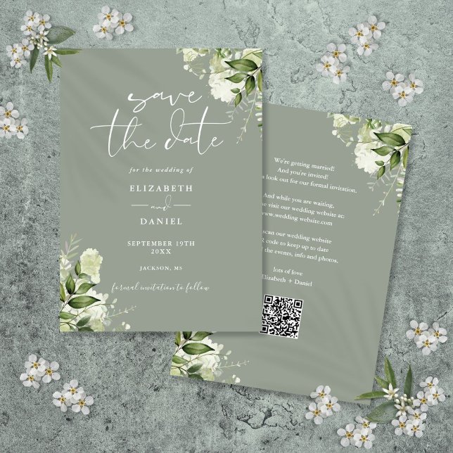 Greenery Floral Sage Green QR Code Hochzeit Save The Date (Greenery Floral Sage Green QR Code Wedding Save The Date)