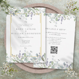 Greenery Floral Sage Lilac QR Code Wedding Einladung