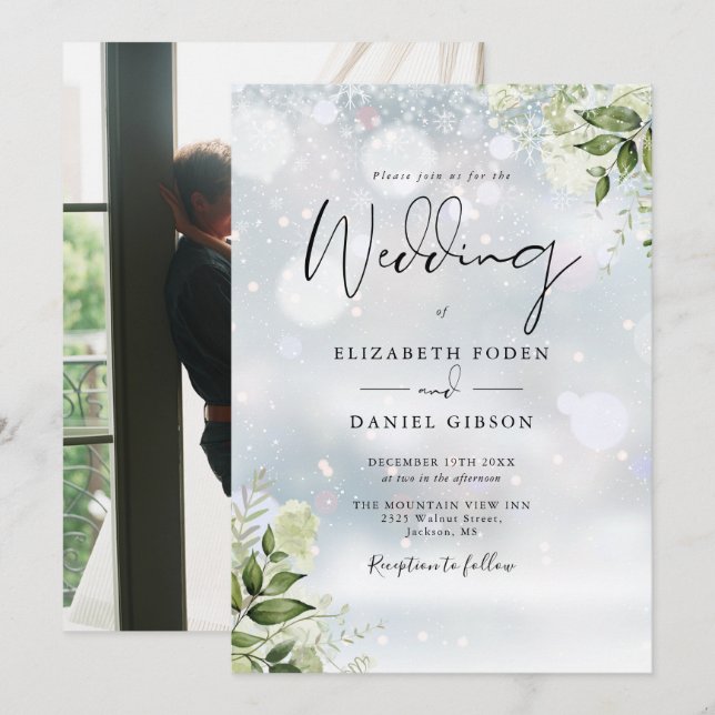 Greenery Floral Snowflakes Foto Winter Wedding Einladung (Vorne/Hinten)