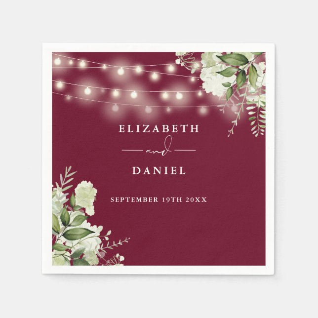 Greenery Floral String Lights Burgundy Wedding Serviette (Vorderseite)