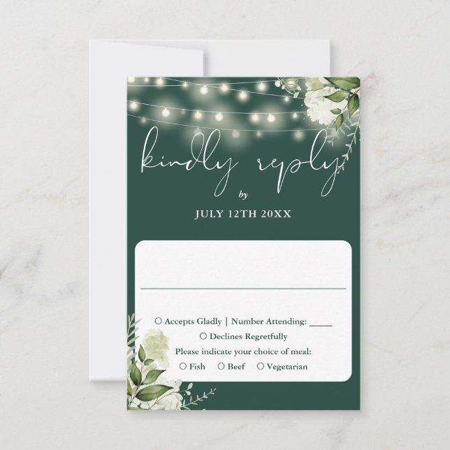 Greenery floral string Lights Emerald Wedding RSVP Karte (Vorderseite)