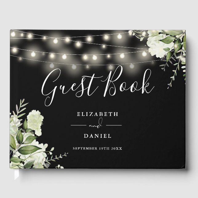 Greenery Floral String Lights Photo Wedding Gästebuch (Vorderseite)