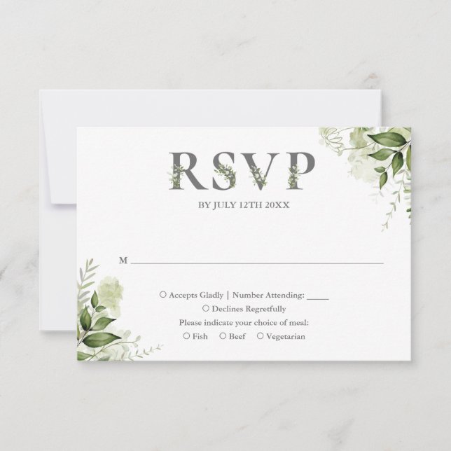 Greenery Floral Typografy Wedding RSVP Karte (Vorderseite)