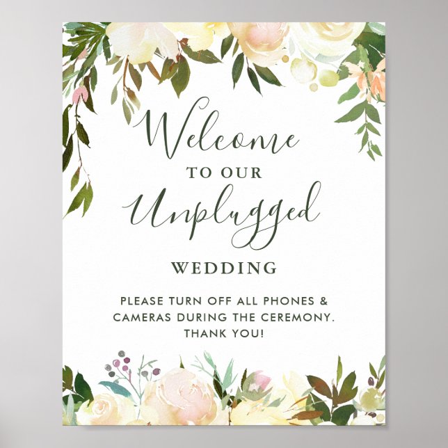 Greenery Floral Unplugged Wedding Ceremony Sign Poster (Vorne)