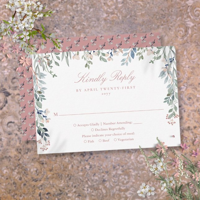 Greenery Floral Wildblumen Dusty Rose Wedding RSVP Karte (Greenery Floral Wildflowers Dusty Rose Wedding RSVP Card)