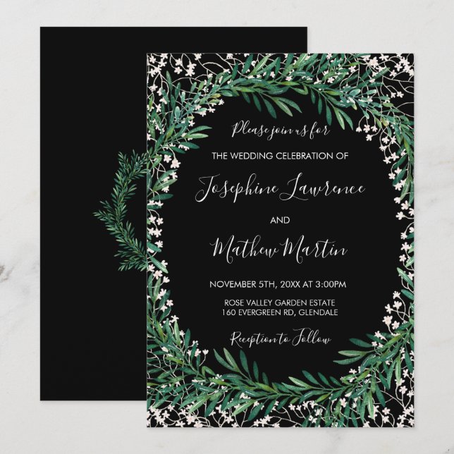 Greenery & Florets Black Wedding Einladungen (Vorne/Hinten)