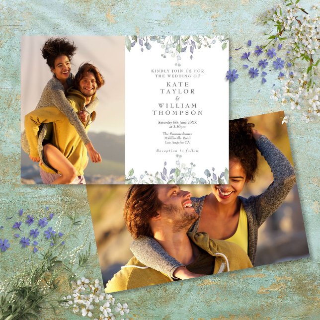 Greenery Foliage Bloral Sage Lilac 2 Foto Wedding Einladung (Greenery Foliage Floral Sage Lilac 2 Photo Wedding Invitation)