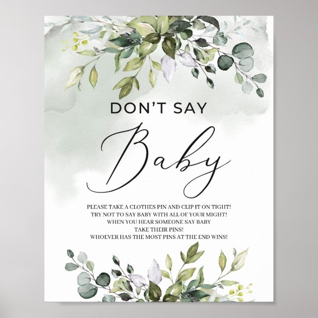 Greenery foliage boho don't say baby game sign poster (Vorne)